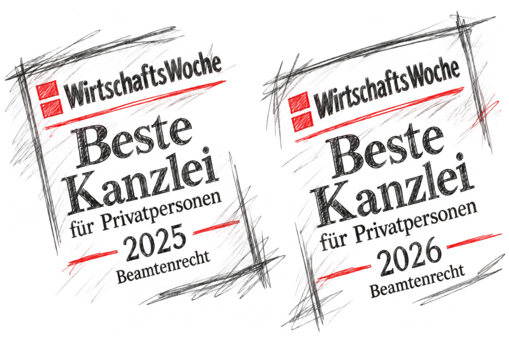 Skizze Siegel WirtschaftsWoche "Beste Kanzlei für Privatpersonen 2025 Beamtenrecht" und "Beste Kanzlei für Privatpersonen 2026 Beamtenrecht"